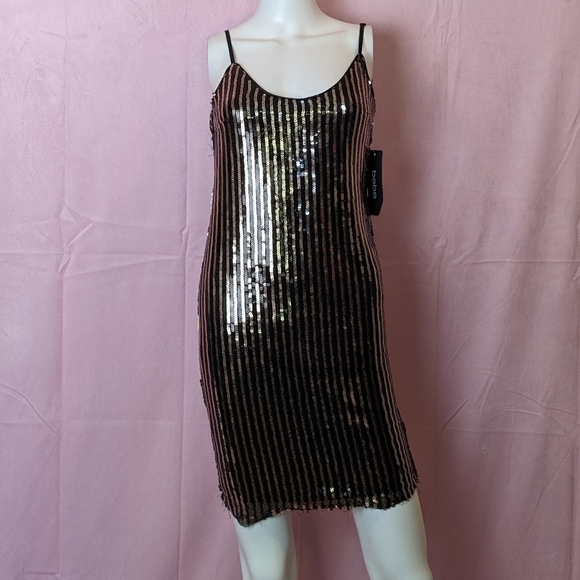 Bebe Black and Gold Sequin Stripes Cowl Back Bodycon Party Mini Dress Small - Picture 1 of 7